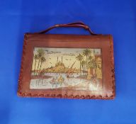 Vintage 1950's Egyptian Embossed Painted Leather Satchel Handbag