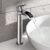 (SA95) Tall Waterfall Counter Top Basin Mixer Tap Curved Bathroom Sink Faucet . Chrome plated s...