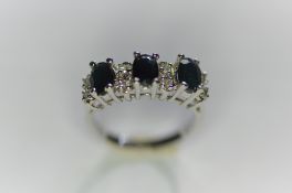 10Ct Gold 3 Stone Sapphire & Diamond Half Hoop Ring.