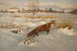 Original Oil Painting. Perer Munro Scottish - Fox In Winter Snow