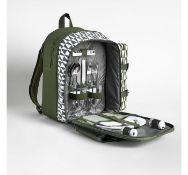 (AP257) 2 Person Green Geo Picnic Backpack Set includes 2 x stainless steel knives, forks & sp...