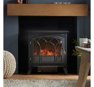 (AP209) 1850W Large Black Stove Heater Tempered glass window gives a panoramic view of the rea...