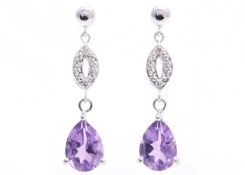 9ct White Gold Amethyst Diamond Earring 0.03 Carats
