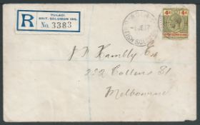 British Solomon Islands 1917 (June 1) Registered cover to Melbourne bearing KGV 4d cancelled