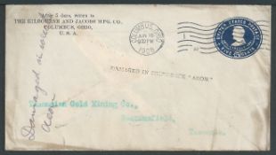 Crash & Wreck / Tasmania 1908 (June 16) USA 5c Postal stationery envelope