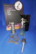 Group of bar items, miniature soda syphon, Pims chalk board, Long John Water Jug.