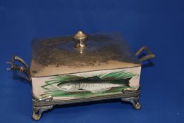 Antique R. Broadhead & Co silver plate and pottery sardine box.