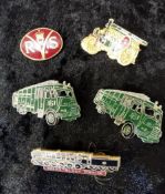 Group of enamel pin badges includin Green Godess Fire Engines.