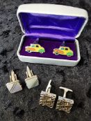 3 pairs of cufflinks. White Metal. Novelty and vintage style.