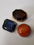 Group of 3 large stone vintage costume brooches. Various materials and ages.