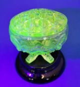 Vintage Uranium Green Glass Posy Bowl/ Vase with 'frog' holder with black glass stand