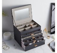 (TD123) Black Faux Leather 5 Tier Jewellery Box With 4 drawers and a top section with various ...