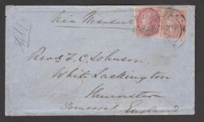 SARAWAK 1862 Neat Blue Envelope to the Revd. F.C. Johnson in Somerset, franked by 1856-64