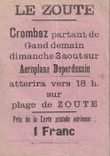 Belgium 1913 Post Office Notice advertising the sale of an aerial post card for the special fligh...