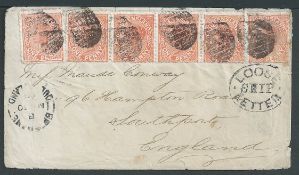 Queensland 1889 Cover to England franked 1d single and strip of five each with an indistinct nume...