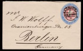 G.B. - ADVERTISING RINGS 1886 2 1/2d Lake postal stationery envelope with blue 