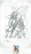 G.B. - Queen Elizabeth II 1983 British Army Uniforms: preliminary pencil sketch for the 15 1/2p s...