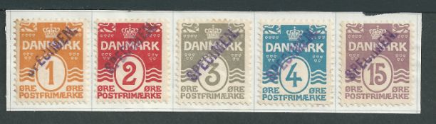 Denmark 1905-06 1ö, 2ö, 3ö, 4ö, 15ö, affixed to small piece each handstamped 