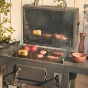 (OM75) Compact Charcoal BBQ - Height Adjustable with Warming Rack. COMPACT BBQ – porcelain co...