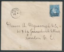 St Vincent 1898 Cover to London franked 2.1/2d on 1d blue cancelled by scarce 
