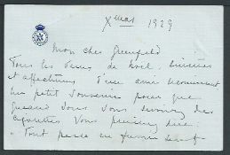 Portugal 1929 Charming Christmas card in French from King Manuel II of Portugal to his banker Mr. Gr