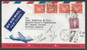 Cyprus 1952 Air mail cover from Canada to Larnaca franked 19c, marked 