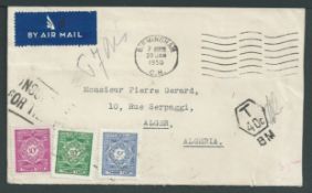 Algeria 1950 Cover (corner torn) posted unpaid from Birmingham to Algeria handstamped 