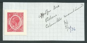 Saint Lucia 1936 1 1/2d Postal Stationery envelope die proof affixed to small piece, annotated 