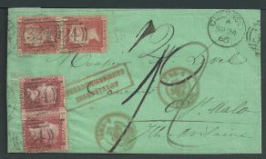 G.B. - Channel Islands 1866 Entire letter on green notepaper, posted from Guernsey to St. Malo frank