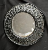Antiques Circular Black Framed Bevelled Mirror Heavily Carved