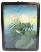 Oriental Reverse Glass Painting in Ebonized Frame Panel