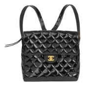 Chanel Black Quilted Patent Leather Vintage Classic Timeless Backpack