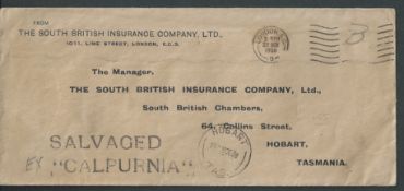 Australia 1938 Cover from London to Tasmania, the stamp washed off, recorded from the flying boat 