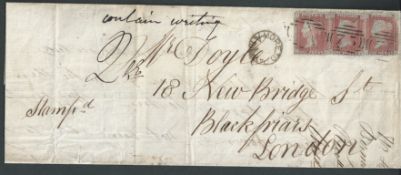 G.B. - Cancellations 1856 Large cover from Birmingham to London with three 1d reds cancelled by scar