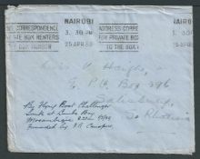 Southern Rhodesia / Kenya 1939 (Ap 25) Cover from Nairobi to Salisbury, the stamp washed off, endors