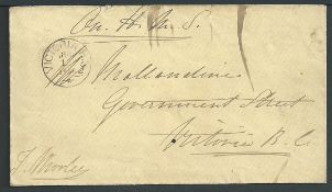 British Columbia 1868 Stampless envelope signed J. Morley and headed 