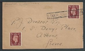 Australia 1938 Cover to Greece bearing G.B. 1.1/2d (2), one cancelled by the boxed 