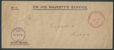 Kenya / Sudan 1927 Stampless OHMS Post office cover from London to Kisumu.with violet 