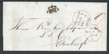 G.B. - Scotland 1842 Entire (vertical file fold) prepaid 2d from Glasgow to Edinburgh, with 