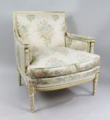 Italian Painted & Gilt Carved Wood Silk Upholstered Armchair