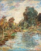 J C Mitchell signed oil painting Riverside scene