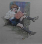 Boy reading - Watercolour signed with monogram