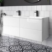NEW & BOXED 1200mm Trevia High Gloss White Double Basin Cabinet - Wall Hung. RRP £1,999. MF83...