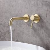 NEW (C208) Pesca Brushed Brass 2 Hole Wall Mounted Basin Mixer Tap. Brushed brass finish Cons...