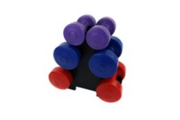 (Q49) 12kg Vinyl Hand Dumbbell Workout Weight Set NO STAND 2x 3kg, 2x 2kg, 2x 1kg Weights Ant...