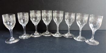 Set 8 Antique Crystal Engraved Glasses