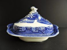 Antique Staffordshire Pottery Willow Pattern Vegetable Tureen