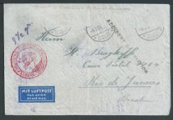 Gambia - Crash Mail 1937 (Mar. 9) Cover from Germany to Brazil with red 