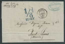 Mauritius 1868 Entire Letter from France to Mauritius with blue 