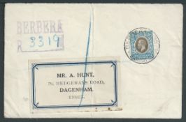 British Somaliland 1930 Cover registered from Berbera to England with violet 